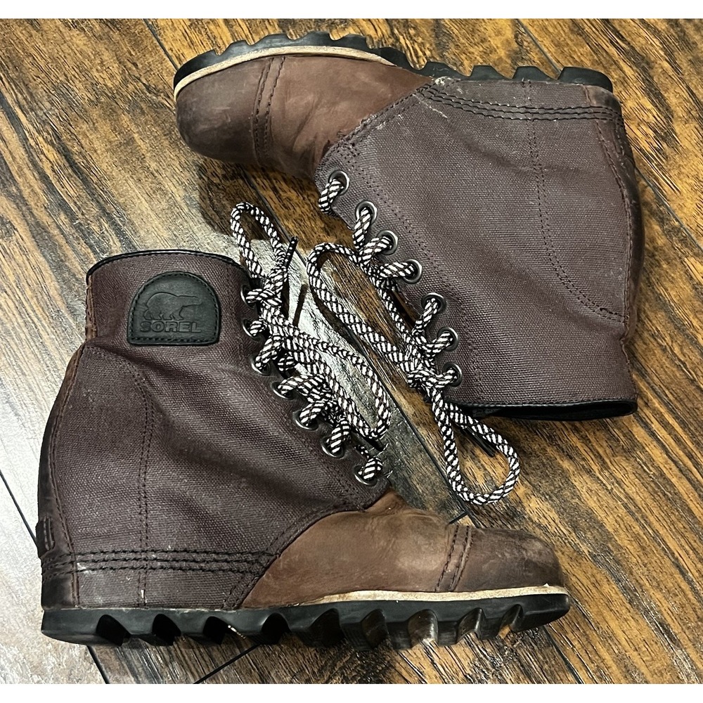 Sorel PDX Wedge Brown Leather Canvas Ankle Boot, Women's Size 8 - Picture 2 of 11